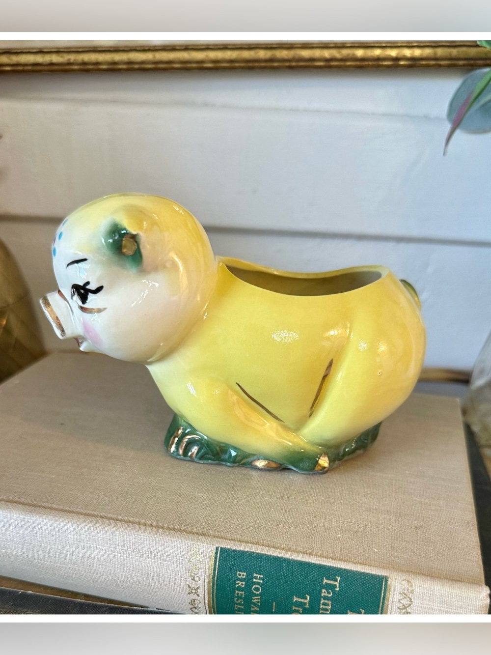 Vintage Ceramic Piggie Pig Planter Pottery Green Yellow Piglet MCM 1950s kitsch